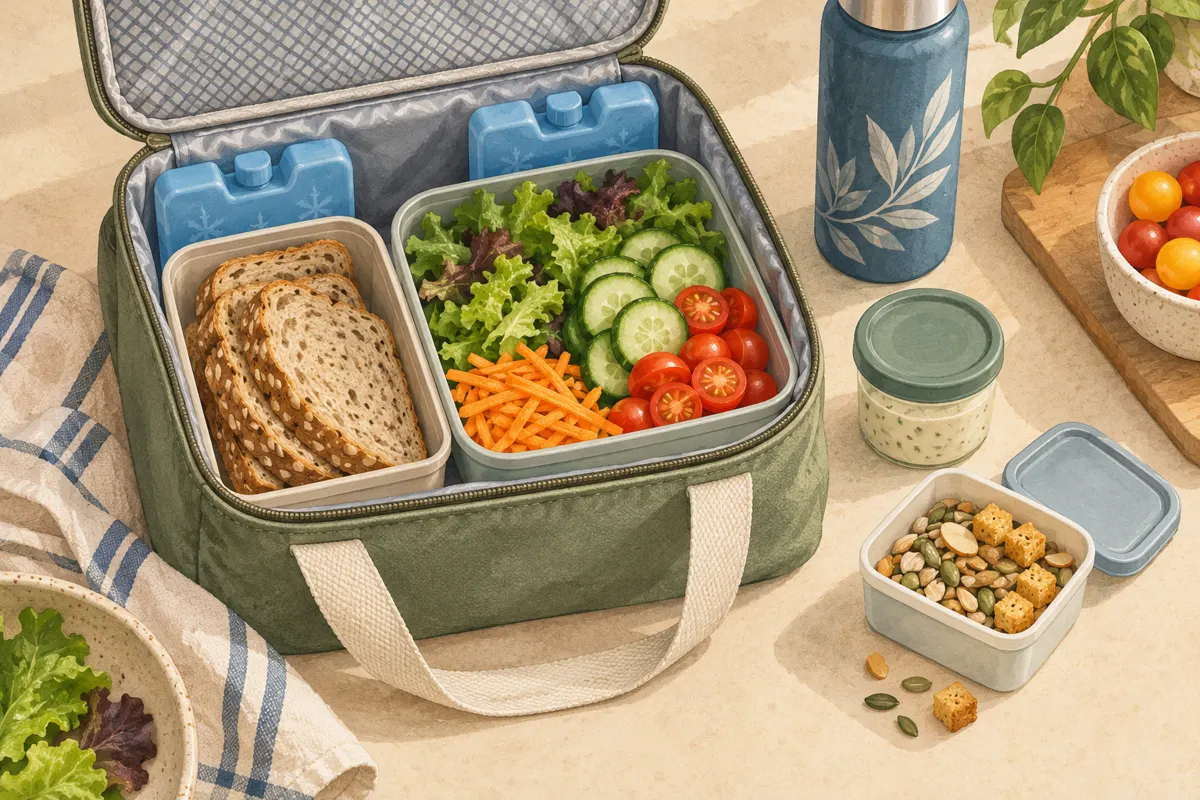 Illustration of lunch ingredients packed separately in reusable containers to preserve crunch.