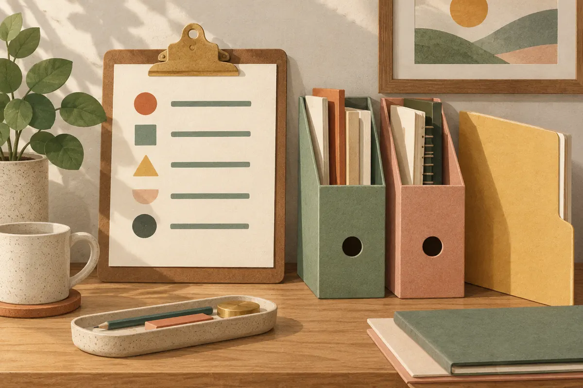 Illustration of a clipboard, supply cartons, and a folder arranged for a shift handoff.